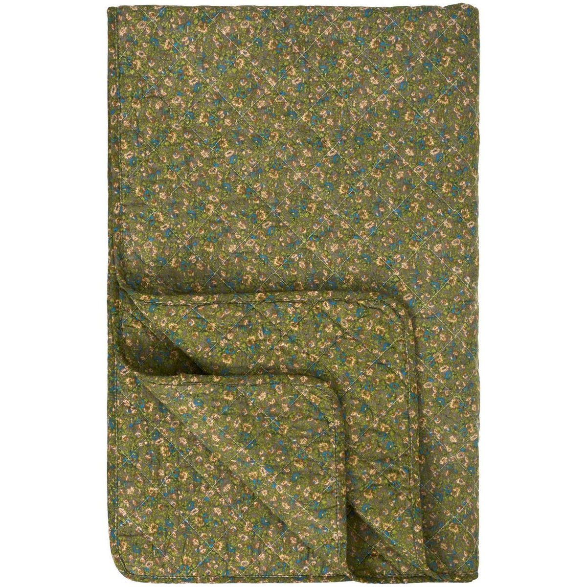 Blommig quilt från Ib Laursen med grågrön botten och små blommor i rosa, blå och gröna nyanser
