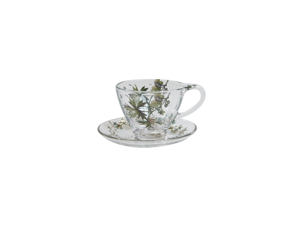 Glaskopp med handtag och matchande underkopp från Speedtsberg i klart glas med grönt blommönster.
