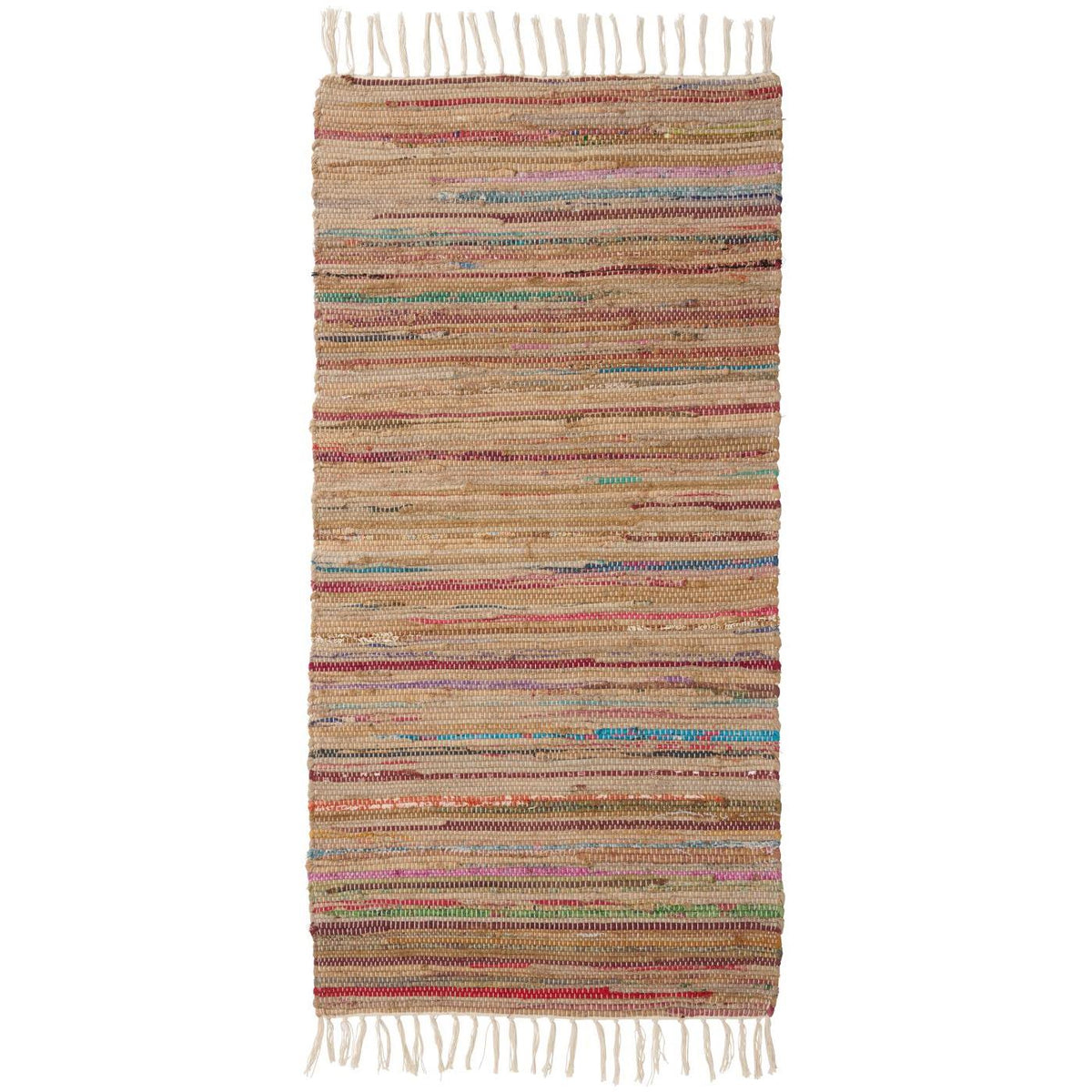 Brun multifärgad traslöpare från Ib Laursen i 100 % bomull med vävda färgglada ränder och ljusa fransar, 60 x 120 cm.