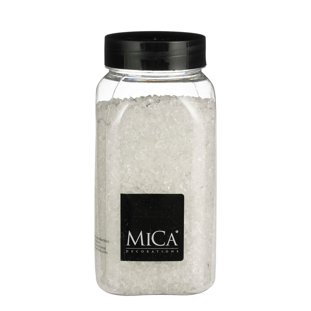 Behållare med klara dekorationsstenar i glas från Mica Decorations för heminredning och kreativa dekorationer
