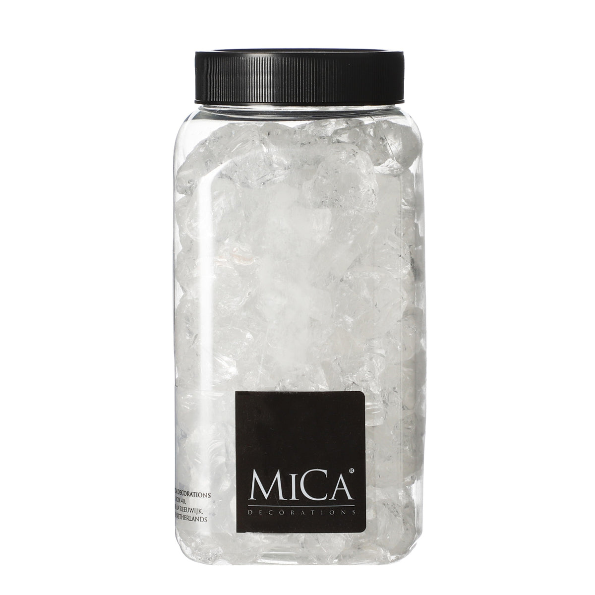 Stora transparenta glasstenar från Mica Decorations i behållare med svart lock till dekoration och jullandskap