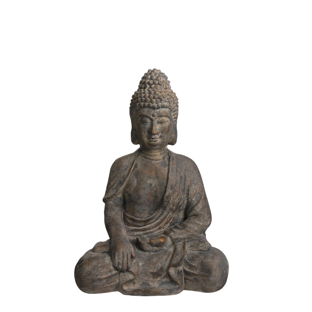 Stor sittande Buddhafigur i grått stenlook med fina detaljer för trädgård, terrass och inomhusdekoration