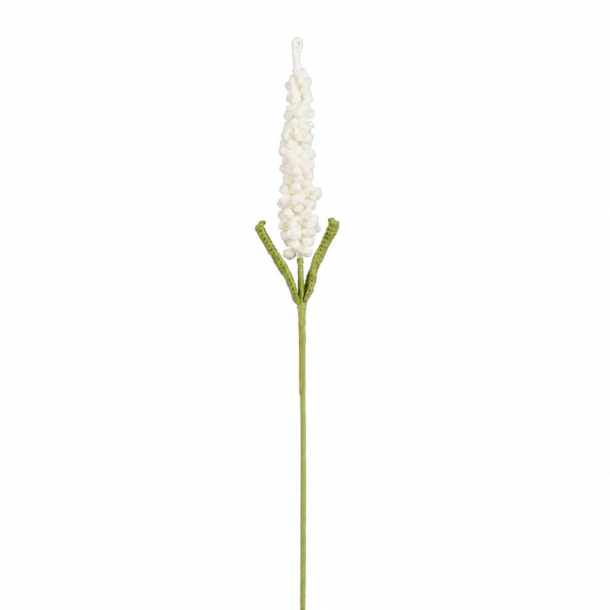 Virkad vit lavendelblomma med ett par gröna blad och lång stjälk, 48 cm