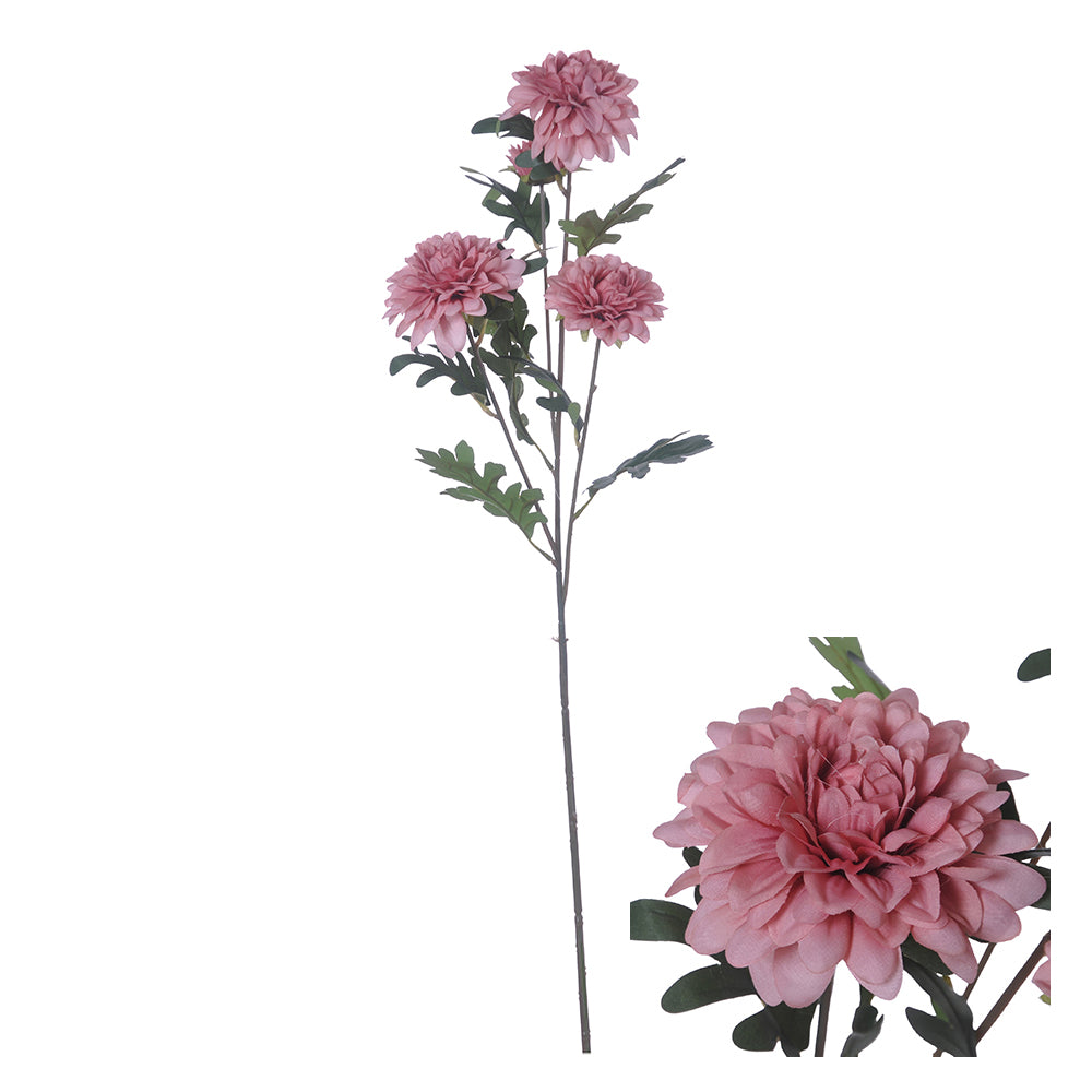 Konstgjord krysantemum i dov rosa med flera fylliga blomhuvuden och gröna blad på lång stjälk