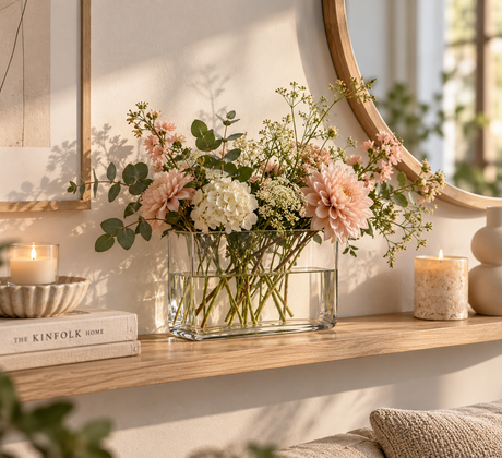 Fyrkantig glasvas med blommor på en hylla i ett ljust hem
