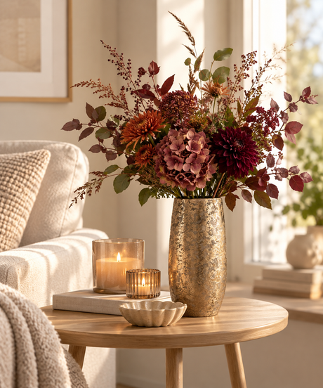 Guldfärgad Clemente-vas med blombukett, stående på ett sidobord i vardagsrummet