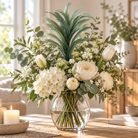Glasvas med en stor blombukett med en fjäderdusk i mitten på soffbordet med tända blockljus