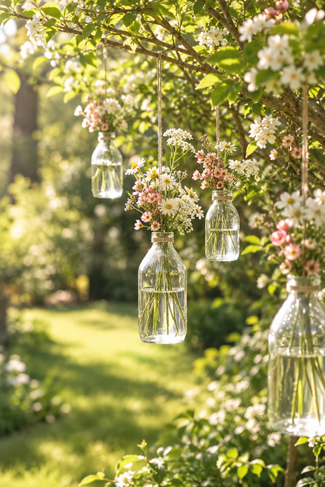 Hängande flaskvaser med wire från Ib Laursen i en buske i trädgården, fyllda med blommor