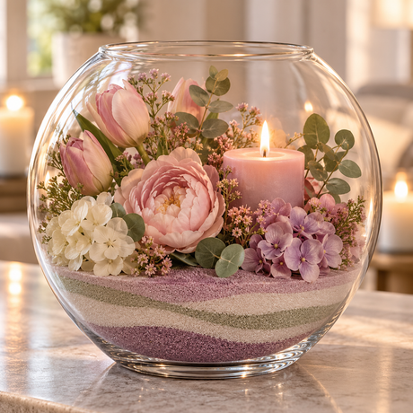 Glasskål med dekorationssand i skikt från Mica pyntad med blommor och ljus