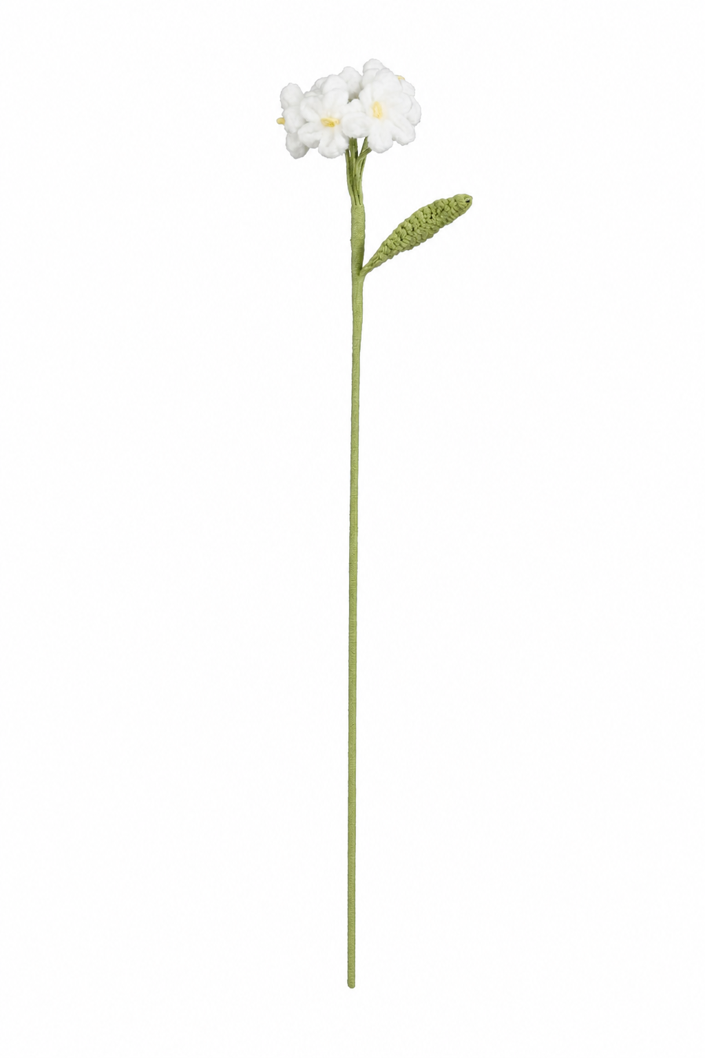 Vit virkad floxstjälk med små vita blommor och grönt blad