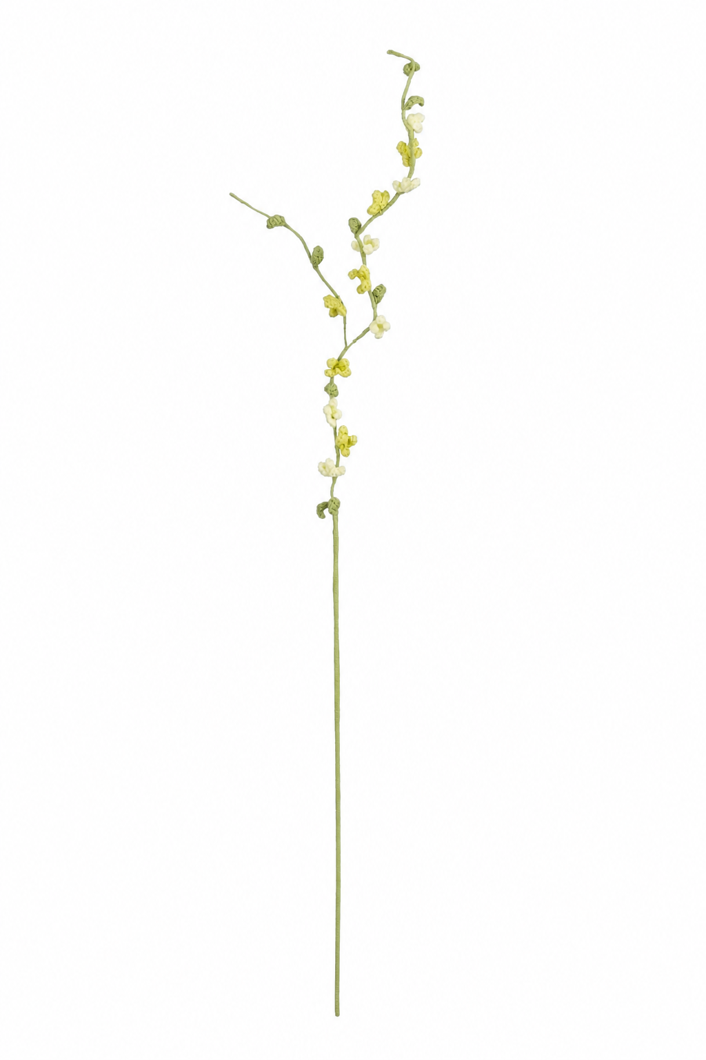 Gul virkad blomstergren med fina små blommor och gröna knoppar på slanka förgreningar