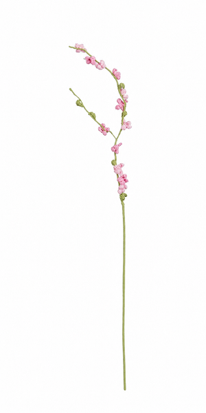 Mörkrosa virkad blomgren med fina blommor och gröna knoppar för vårdekorationer