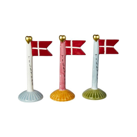 Speedtsberg keramikflag med TILLYKKE og Dannebrog i flotte pastelfarver