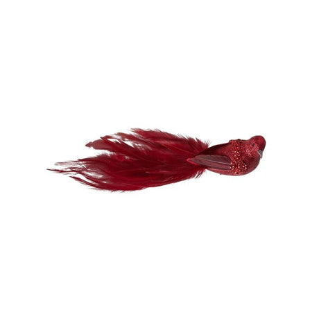 Rød fugl med klips og lange fjer fra Speedtsberg til julepynt og dekorationer.