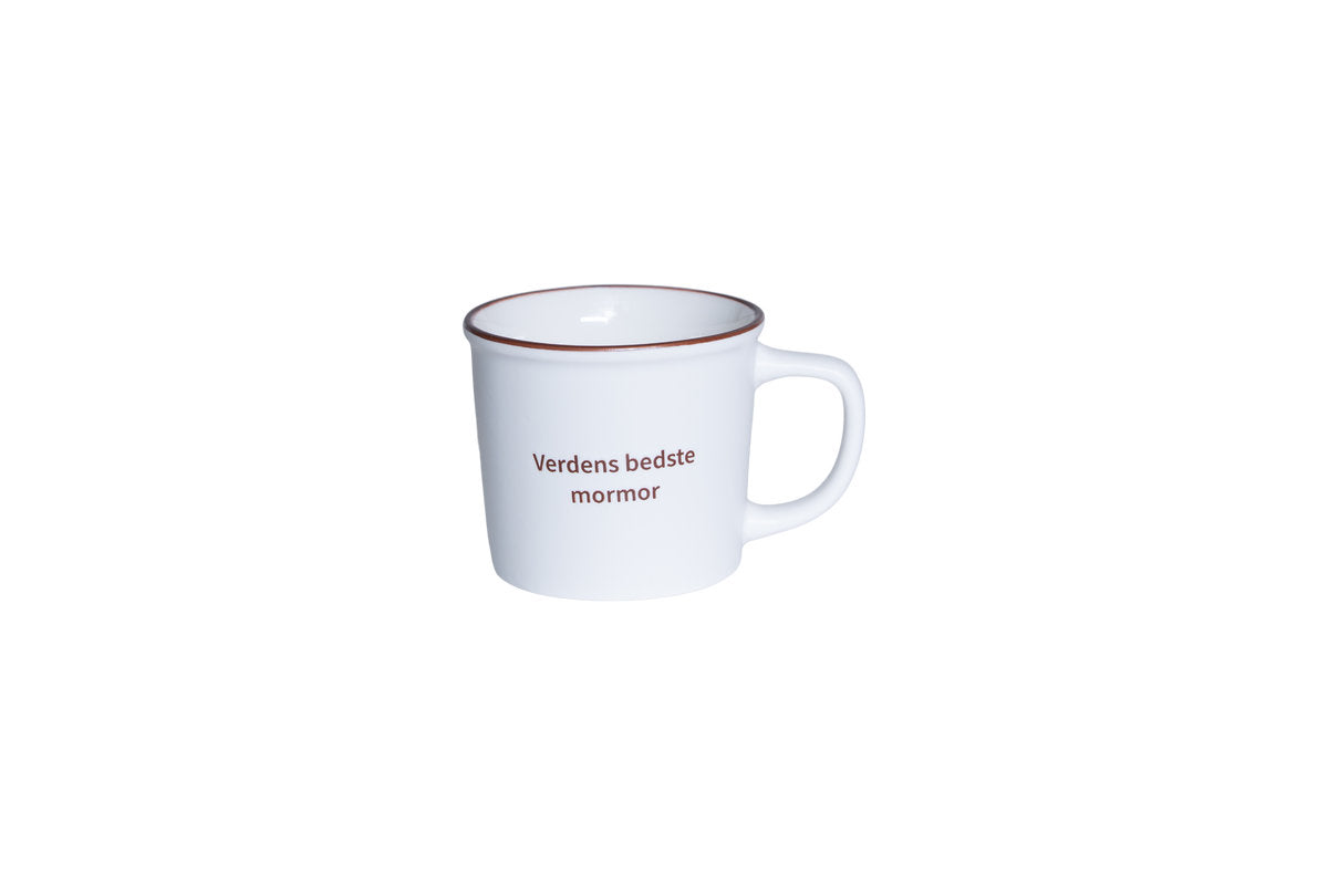 Porslinskopp från Speedtsberg med texten 'Världens bästa mormor' i enkel vit design.
