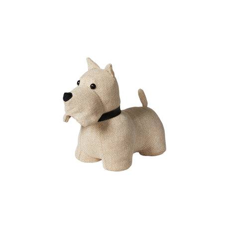 Dörrstopp formad som en beige skotsk terrier i möbeltyg från Speedtsberg.