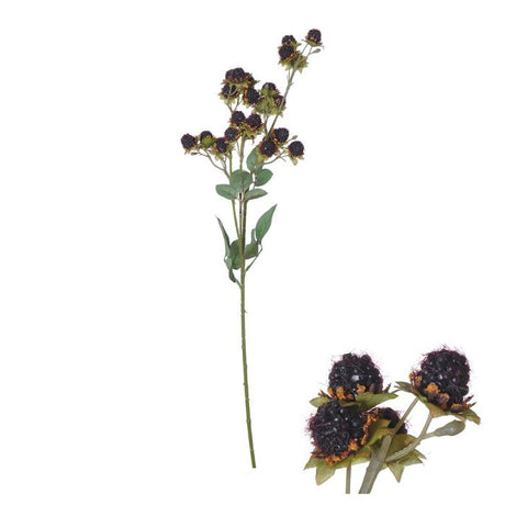 Kunstig stilk med mørklilla vilde jordbær og grønne blade til buketter, kranse og dekorative blomsterarrangementer.