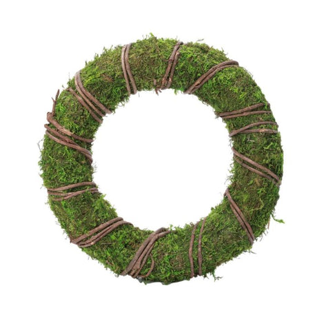 Naturtro moskrans med grønt mos og dekorative rattan grene på 40 cm.