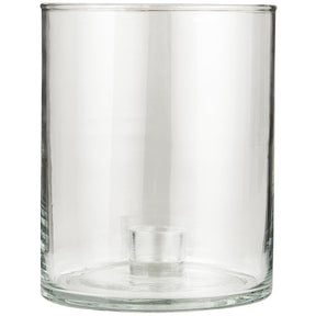 Låg och bred glasljusstake från Ib Laursen med klart cylinderglas och fast hållare för kronljus