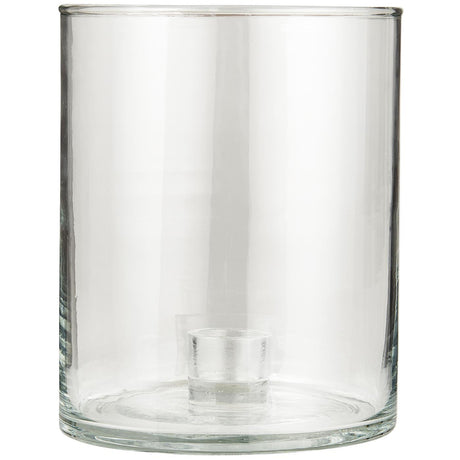 Låg och bred glasljusstake från Ib Laursen med klart cylinderglas och fast hållare för kronljus
