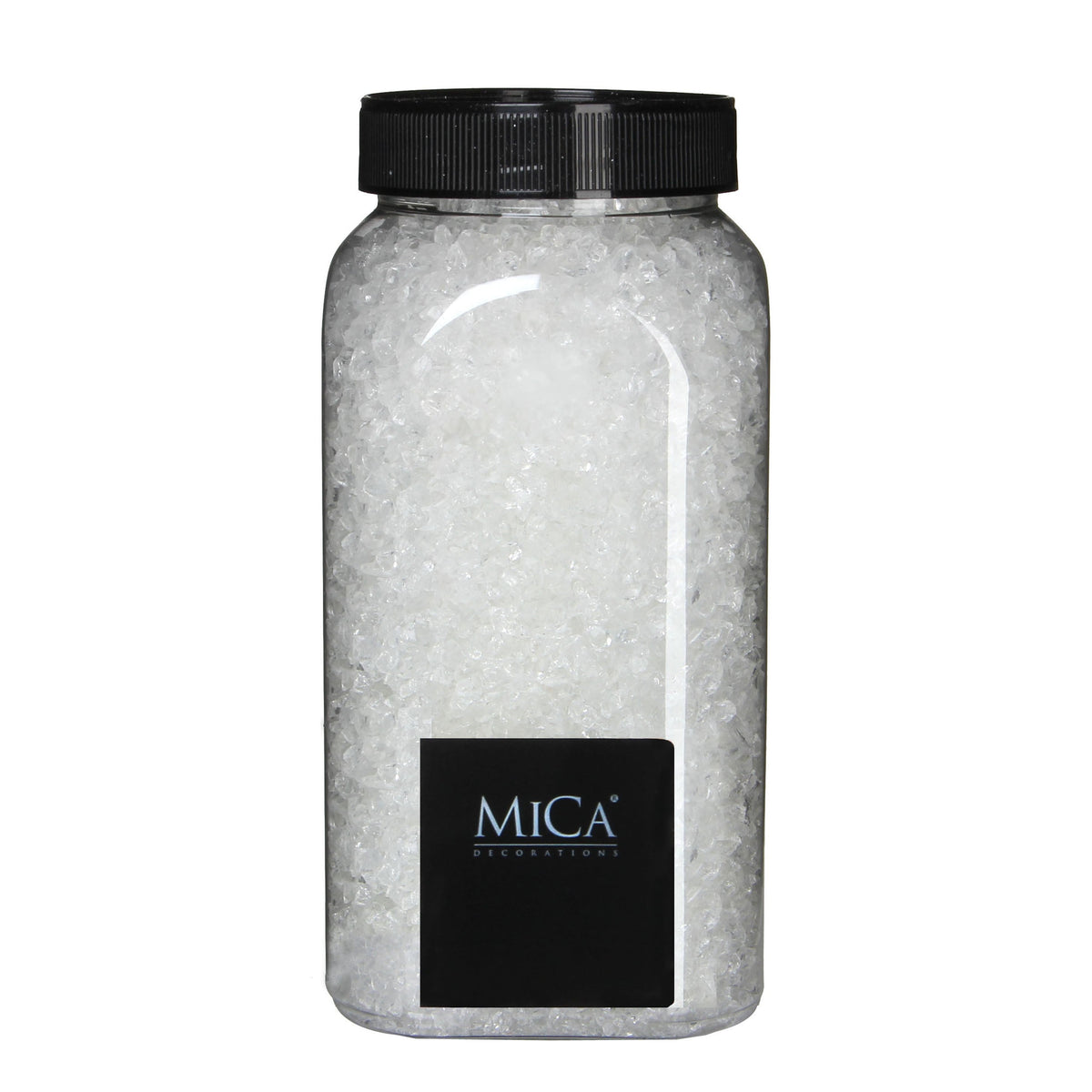 Transparenta glasstenar från Mica Decorations i behållare med svart lock för dekorationer och vinterlandskap