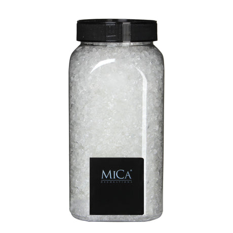 Transparenta glasstenar från Mica Decorations i behållare med svart lock för dekorationer och vinterlandskap