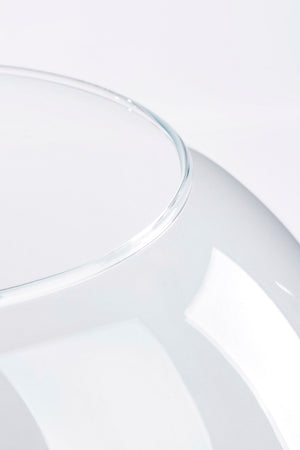 Detaljbild av glasbowlens öppna kant och klart glas med avrundad form