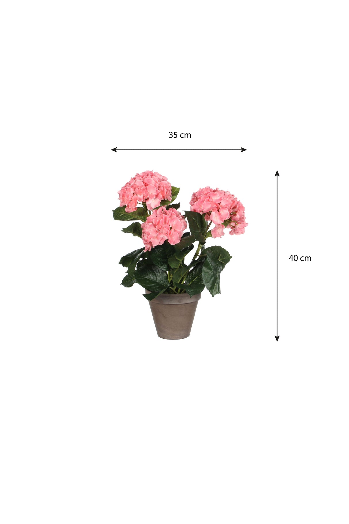 Tegning med målangivelser på en kunstig hortensia med lyserøde blomster