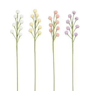 Virkade blomstjälkar med små runda blommor i vita, ljusgula, ljusrosa och lila