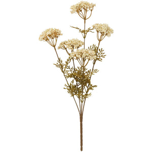 Konstgjord blomstjälk från Ib Laursen med fem vita skärmblommor och fina grönbruna blad.