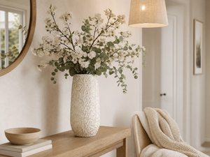 Hvid/guld keramikvase Arthur fra Mica Decorations fyldt med kunstige hvide blomster og eukalyptusgrene på et smukt træbord.